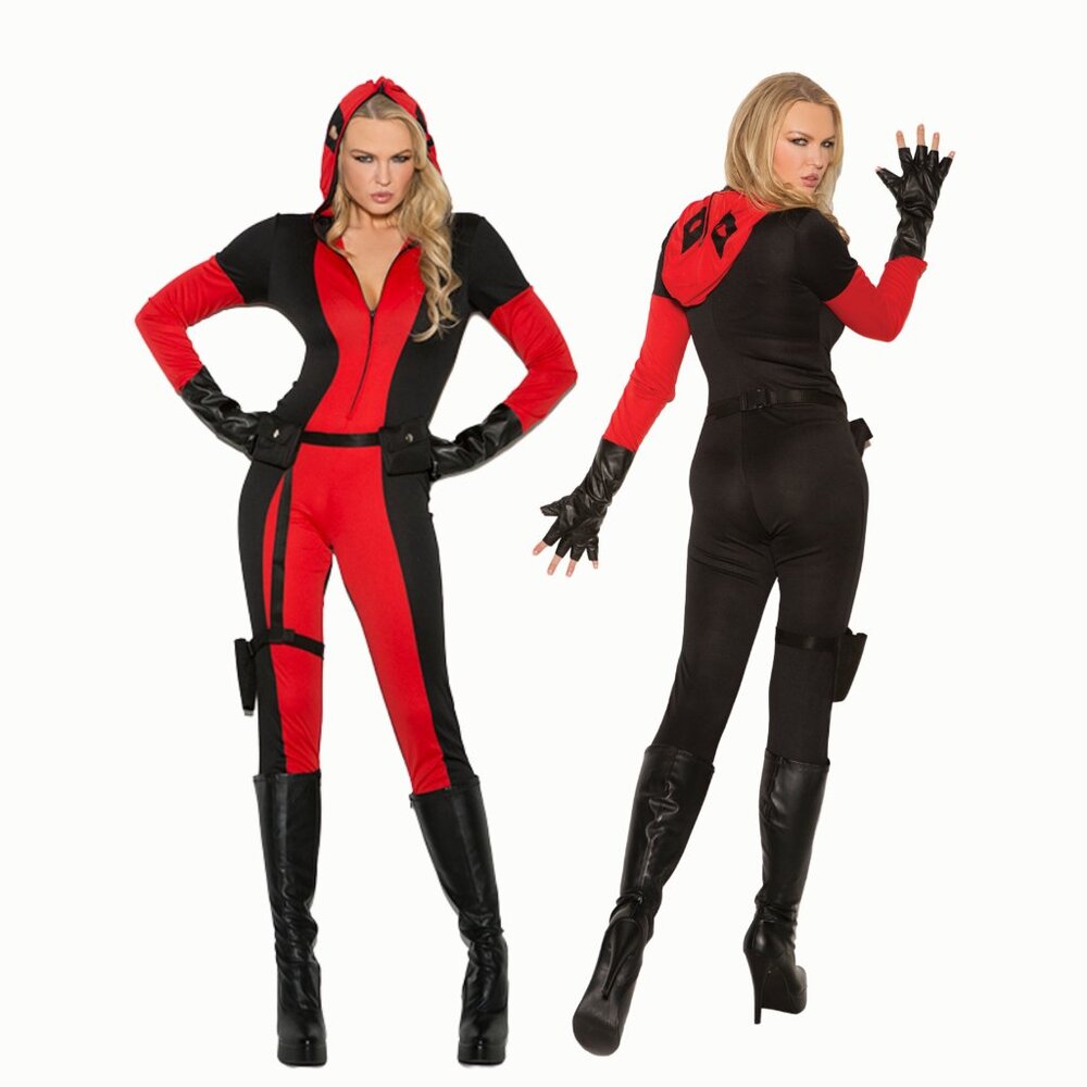 Vigilante Jumpsuit Costume Set Red Black 3pc Ninja Hero Cosplay Hooded